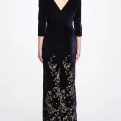 Marchesa Notte Navy Blue Golden Floral Gown