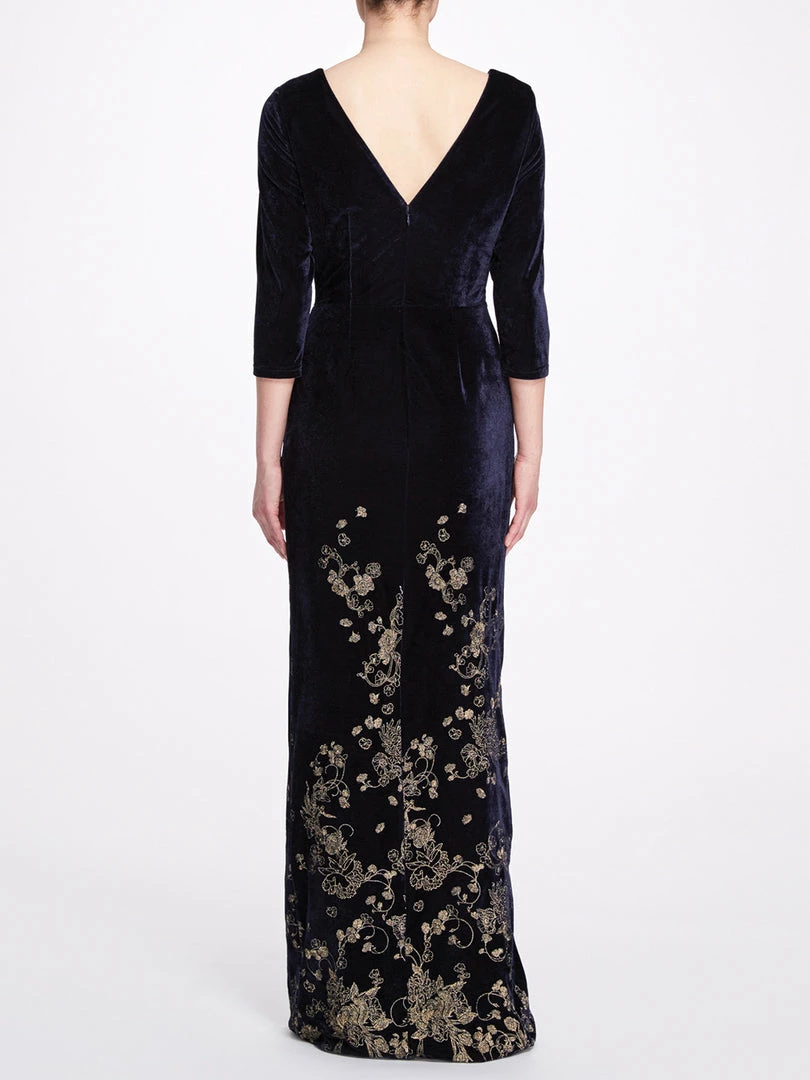 Marchesa Notte Navy Blue Golden Floral Gown