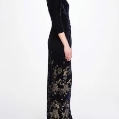 Marchesa Notte Navy Blue Golden Floral Gown