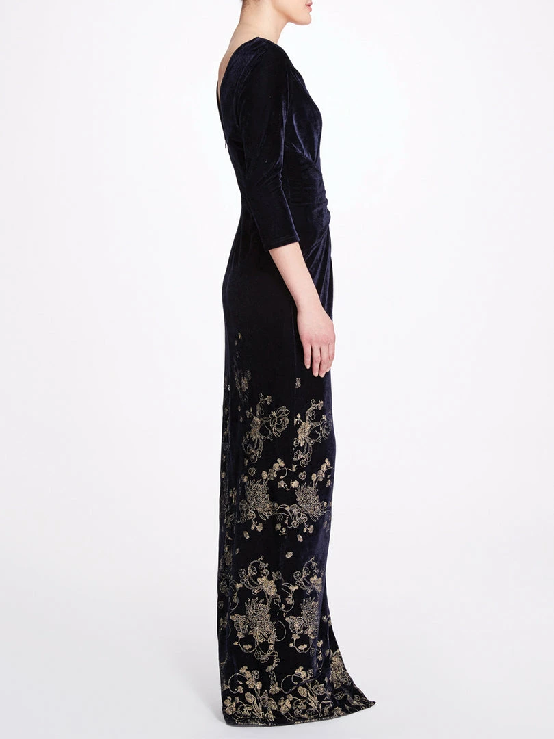 Marchesa Notte Navy Blue Golden Floral Gown