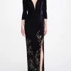 Marchesa Notte Navy Blue Golden Floral Gown