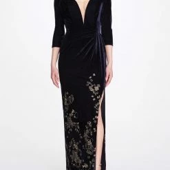 Marchesa Notte Navy Blue Golden Floral Gown