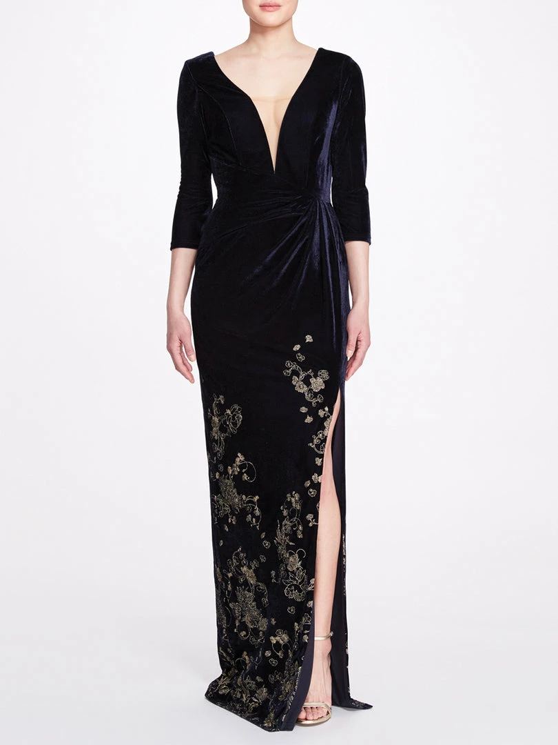 Marchesa Notte Navy Blue Golden Floral Gown