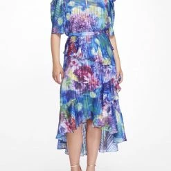 Marchesa Notte Half Sleeve Keyhole Neckline Top