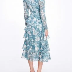 Marchesa Notte Long-Sleeved Tiered Ruffle Chiffon Maxi Dress