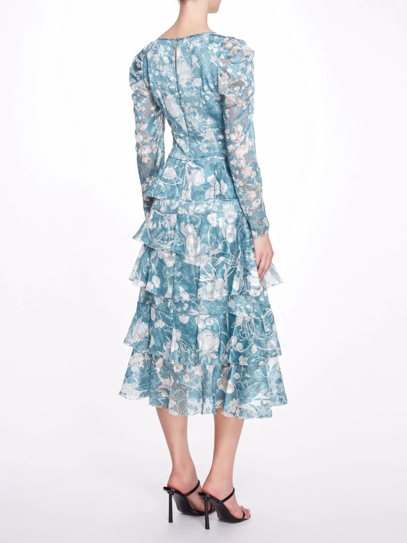 Marchesa Notte Long-Sleeved Tiered Ruffle Chiffon Maxi Dress