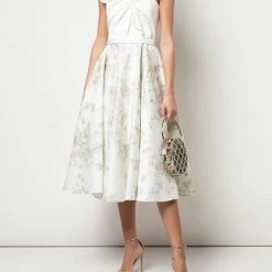 Marchesa Notte Embroidered Satin Draped Dress