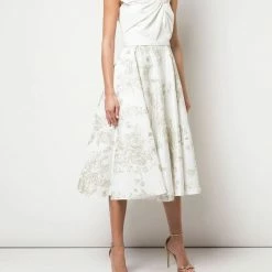 Marchesa Notte Embroidered Satin Draped Dress