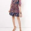 Marchesa Notte Smocked Floral Mini Cocktail Dress