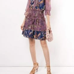 Marchesa Notte Smocked Floral Mini Cocktail Dress