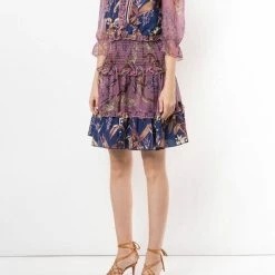 Marchesa Notte Smocked Floral Mini Cocktail Dress
