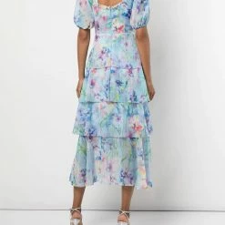 Marchesa Notte Puff Sleeve Tiered Dress