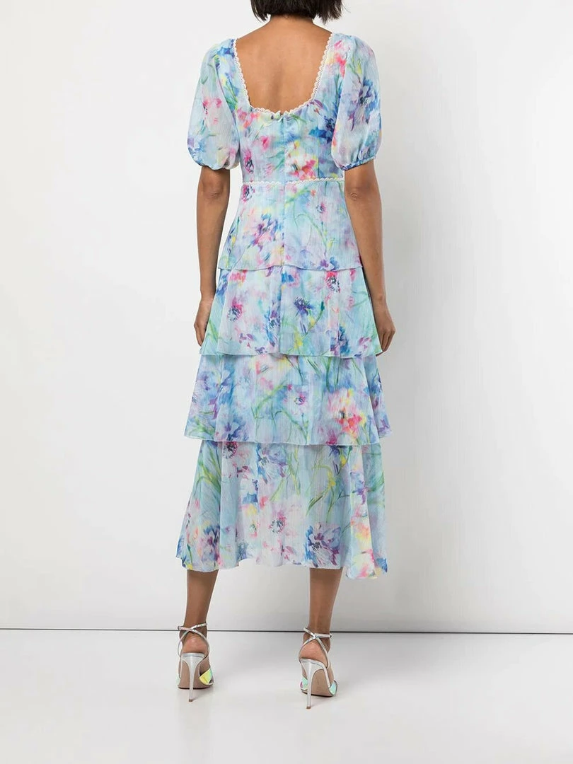 Marchesa Notte Puff Sleeve Tiered Dress