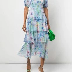 Marchesa Notte Puff Sleeve Tiered Dress