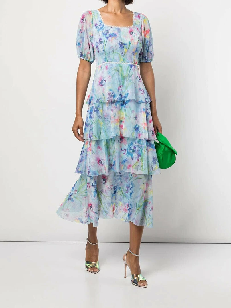 Marchesa Notte Puff Sleeve Tiered Dress