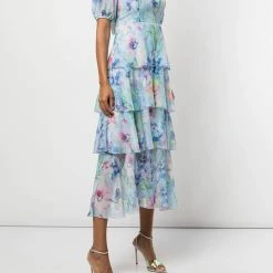 Marchesa Notte Puff Sleeve Tiered Dress