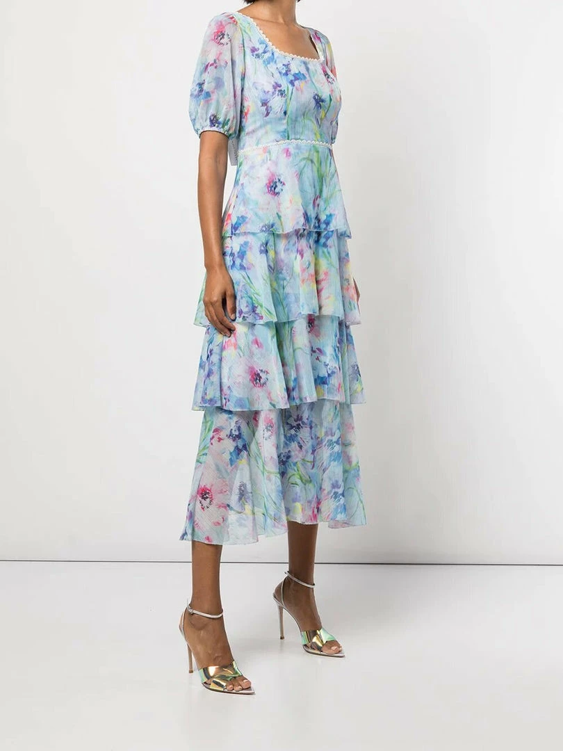 Marchesa Notte Puff Sleeve Tiered Dress