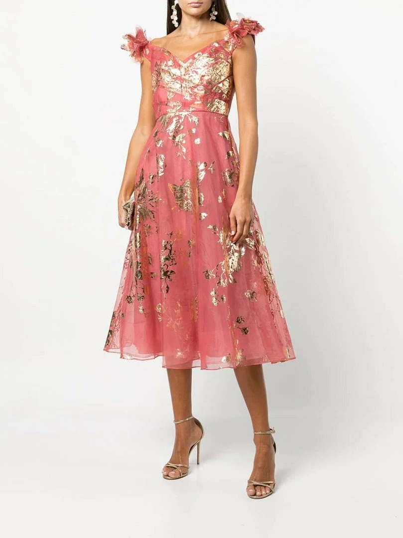 Marchesa Notte Off The Shoulder Organza Midi Gown
