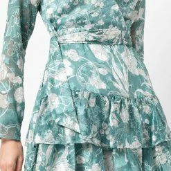 Marchesa Notte Long Sleeved V-neck Tiered Chiffon Mini Dress