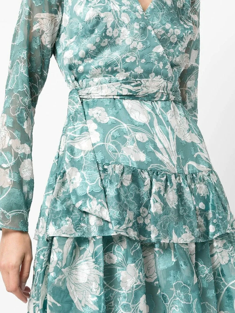 Marchesa Notte Long Sleeved V-neck Tiered Chiffon Mini Dress