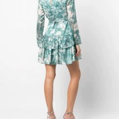 Marchesa Notte Long Sleeved V-neck Tiered Chiffon Mini Dress