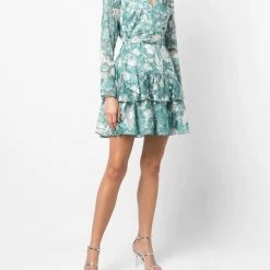 Marchesa Notte Long Sleeved V-neck Tiered Chiffon Mini Dress