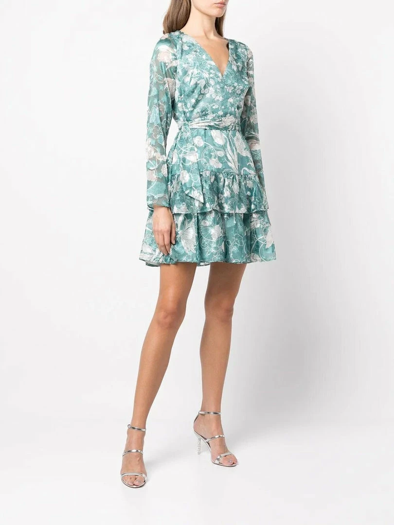 Marchesa Notte Long Sleeved V-neck Tiered Chiffon Mini Dress