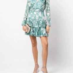 Marchesa Notte Long Sleeved V-neck Tiered Chiffon Mini Dress