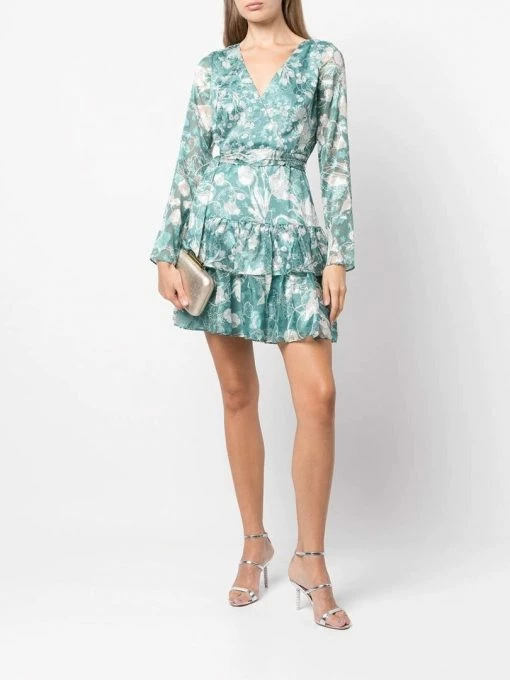 Marchesa Notte Long Sleeved V-neck Tiered Chiffon Mini Dress