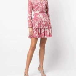 Marchesa Notte Long Sleeved V-neck Tiered Chiffon Mini Dress