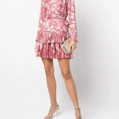 Marchesa Notte Long Sleeved V-neck Tiered Chiffon Mini Dress
