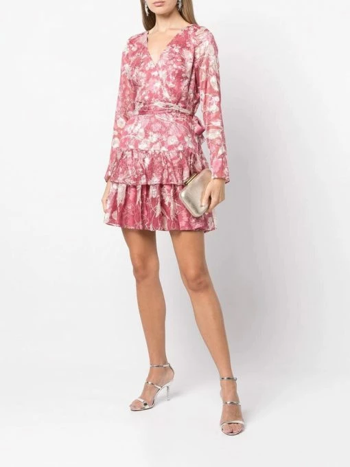 Marchesa Notte Long Sleeved V-neck Tiered Chiffon Mini Dress