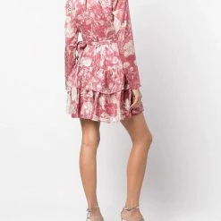 Marchesa Notte Long Sleeved V-neck Tiered Chiffon Mini Dress