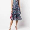 Marchesa Notte Sleeveless Floral 3-Tier Midi Dress
