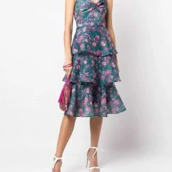 Marchesa Notte Sleeveless Floral 3-Tier Midi Dress