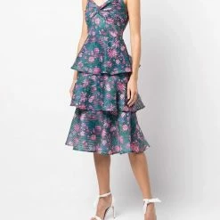 Marchesa Notte Sleeveless Floral 3-Tier Midi Dress
