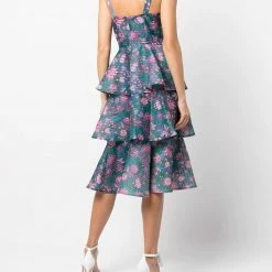 Marchesa Notte Sleeveless Floral 3-Tier Midi Dress
