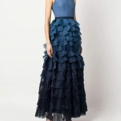 Marchesa Notte One Shoulder Tiered Ruffle Gown