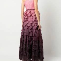 Marchesa Notte One Shoulder Tiered Ruffle Gown