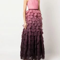Marchesa Notte One Shoulder Tiered Ruffle Gown