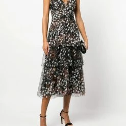 Marchesa Notte Tiered Printed Cocktail Dress