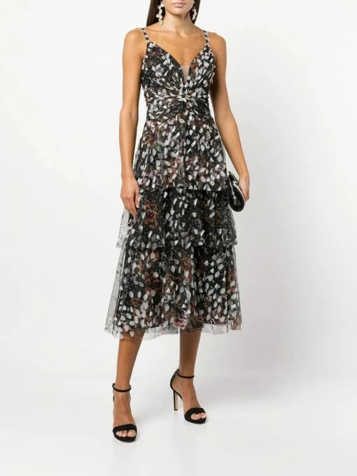 Marchesa Notte Tiered Printed Cocktail Dress