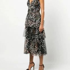 Marchesa Notte Tiered Printed Cocktail Dress
