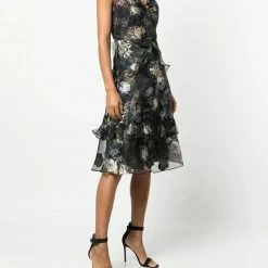 Marchesa Notte Floral Print Midi Tiered Dress