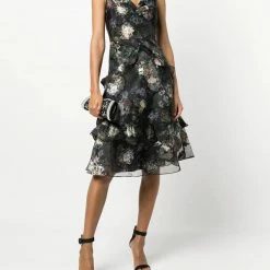 Marchesa Notte Floral Print Midi Tiered Dress