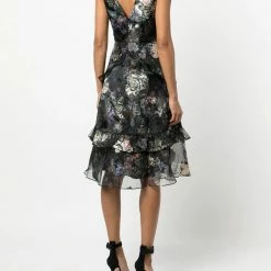 Marchesa Notte Floral Print Midi Tiered Dress