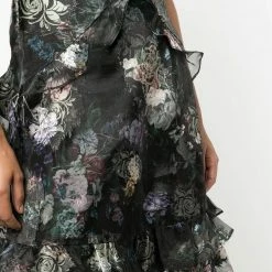 Marchesa Notte Floral Print Midi Tiered Dress