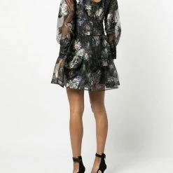 Marchesa Notte Floral Printed Scoop Neck Dress