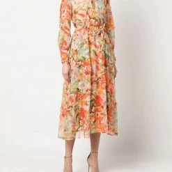 Marchesa Notte Abstract Floral Printed Chiffon Maxi Dress
