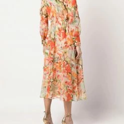 Marchesa Notte Abstract Floral Printed Chiffon Maxi Dress